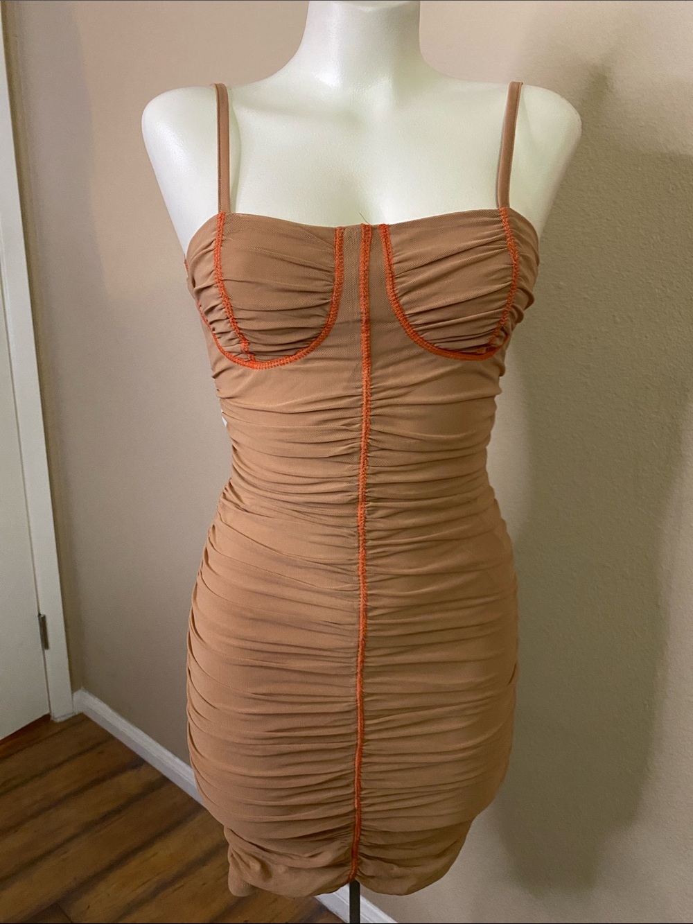 Capsulle tan orange nylon spandex bodycon rouched bustier club dress L